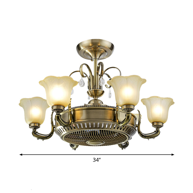 34" Wide Vintage Floral Pendant Fan Lamp Frosted Glass 3-Blade Semi-Flush Ceiling Light in Light Gold Clearhalo 'Ceiling Fans with Lights' 'Ceiling Fans' Lighting' 1984466