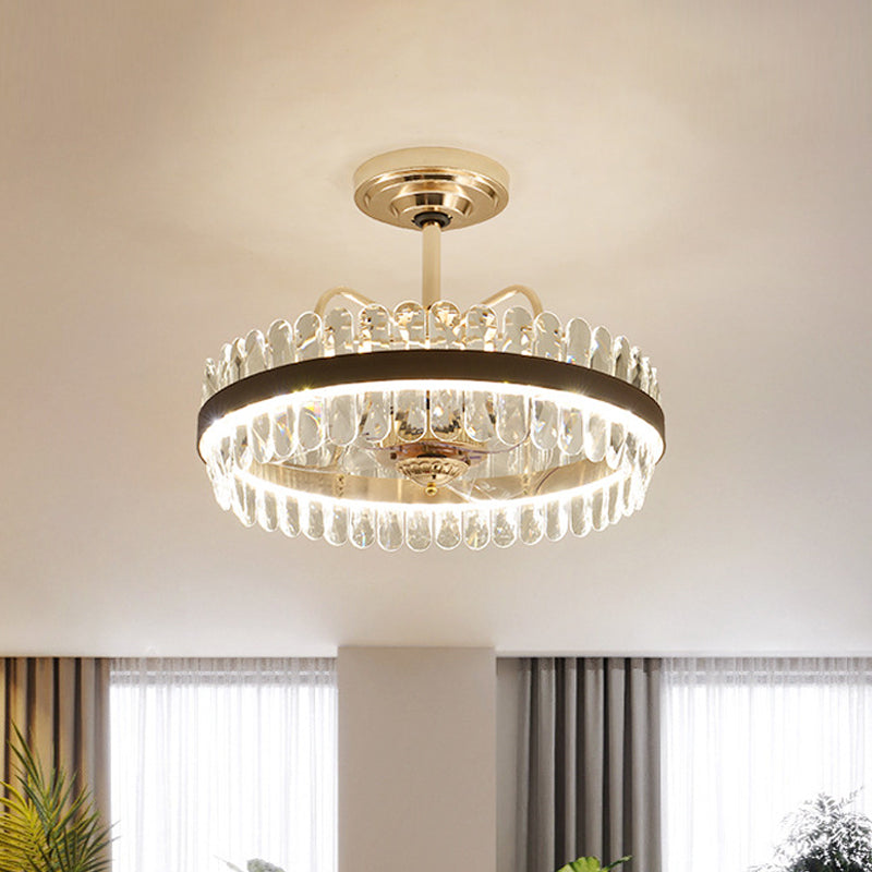 3-Blade Crystal Light Gold Pendant Fan Light Circle 31.5" Wide 8 Bulbs Traditional Semi-Flush Mount Clearhalo 'Ceiling Fans with Lights' 'Ceiling Fans' Lighting' 1984469