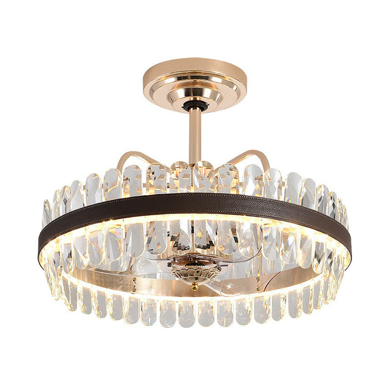3-Blade Crystal Light Gold Pendant Fan Light Circle 31.5" Wide 8 Bulbs Traditional Semi-Flush Mount Clearhalo 'Ceiling Fans with Lights' 'Ceiling Fans' Lighting' 1984470
