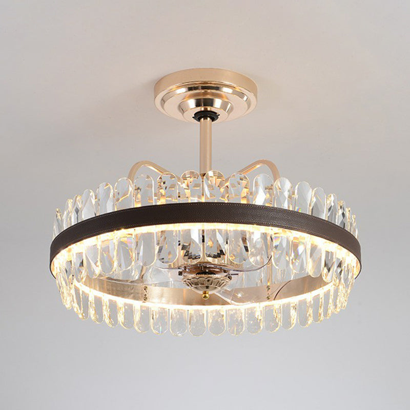 3-Blade Crystal Light Gold Pendant Fan Light Circle 31.5" Wide 8 Bulbs Traditional Semi-Flush Mount Clearhalo 'Ceiling Fans with Lights' 'Ceiling Fans' Lighting' 1984471