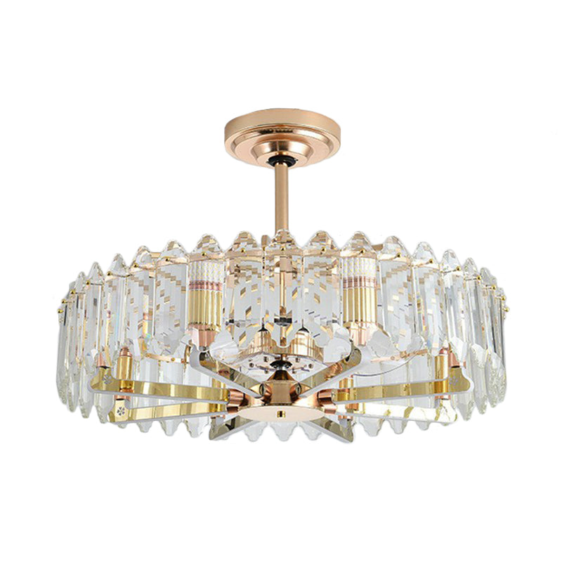 3-Blade Crystal Light Gold Pendant Fan Light Circle 31.5" Wide 8 Bulbs Traditional Semi-Flush Mount Clearhalo 'Ceiling Fans with Lights' 'Ceiling Fans' Lighting' 1984476