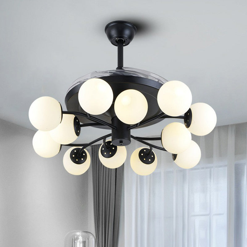 Black Globe Pendant Fan Lamp Contemporary 42" Wide 12 Lights Opal Glass Semi Flush Mount Light Black Clearhalo 'Ceiling Fans with Lights' 'Ceiling Fans' 'Modern Ceiling Fans' 'Modern' Lighting' 1984478