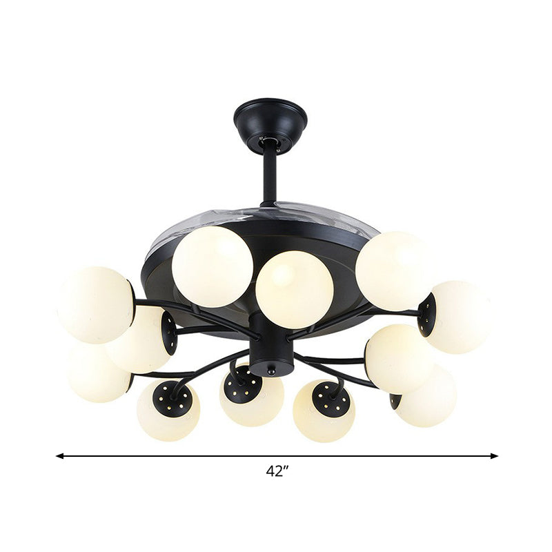 Black Globe Pendant Fan Lamp Contemporary 42" Wide 12 Lights Opal Glass Semi Flush Mount Light Clearhalo 'Ceiling Fans with Lights' 'Ceiling Fans' 'Modern Ceiling Fans' 'Modern' Lighting' 1984483