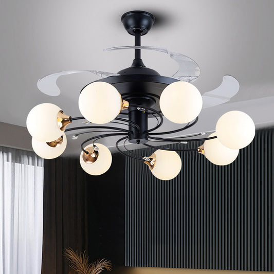 Global Semi Flush Minimalist White Glass 8 Lights Living Room Hanging Fan Light Fixture in Black, 42" Wide Clearhalo 'Ceiling Fans with Lights' 'Ceiling Fans' 'Modern Ceiling Fans' 'Modern' Lighting' 1984491