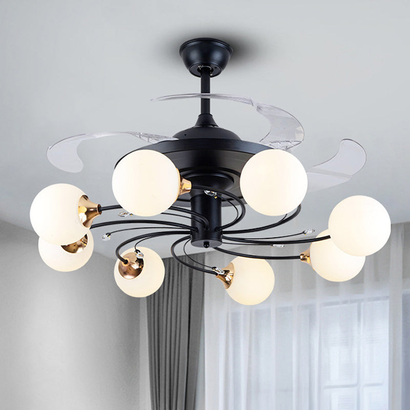 Global Semi Flush Minimalist White Glass 8 Lights Living Room Hanging Fan Light Fixture in Black, 42" Wide Clearhalo 'Ceiling Fans with Lights' 'Ceiling Fans' 'Modern Ceiling Fans' 'Modern' Lighting' 1984493