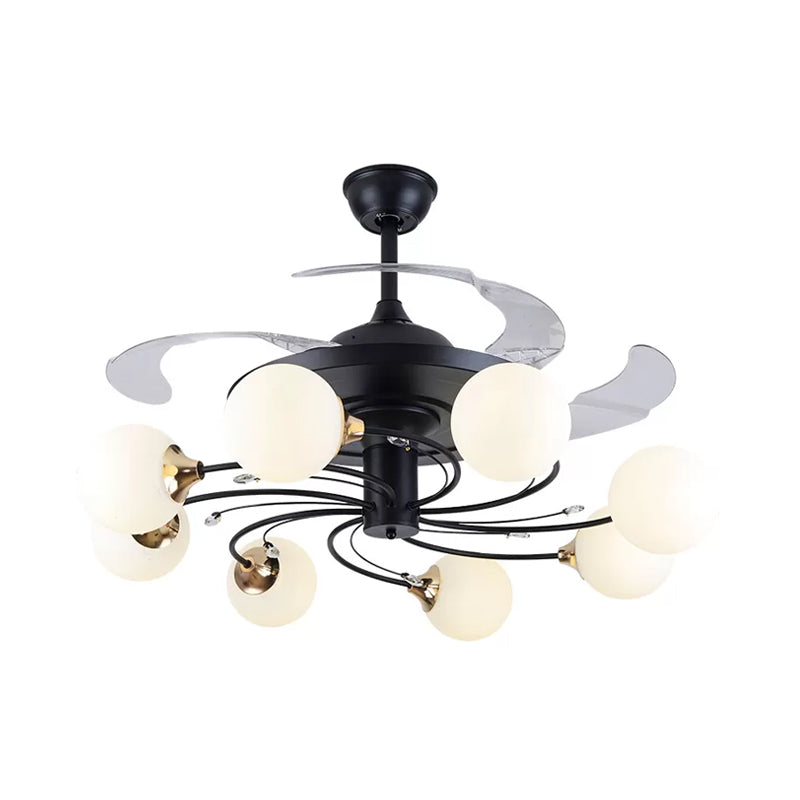 Global Semi Flush Minimalist White Glass 8 Lights Living Room Hanging Fan Light Fixture in Black, 42" Wide Clearhalo 'Ceiling Fans with Lights' 'Ceiling Fans' 'Modern Ceiling Fans' 'Modern' Lighting' 1984494