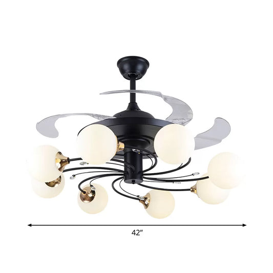 Global Semi Flush Minimalist White Glass 8 Lights Living Room Hanging Fan Light Fixture in Black, 42" Wide Clearhalo 'Ceiling Fans with Lights' 'Ceiling Fans' 'Modern Ceiling Fans' 'Modern' Lighting' 1984495
