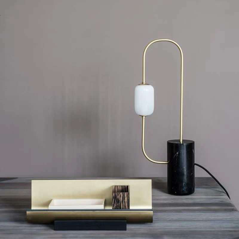 Circuit Nightstand Light Designer Marble 1-Light Black and Brass Table Lamp with Oval Milk Glass Shade Black Clearhalo 'Lamps' 'Table Lamps' Lighting' 1984510