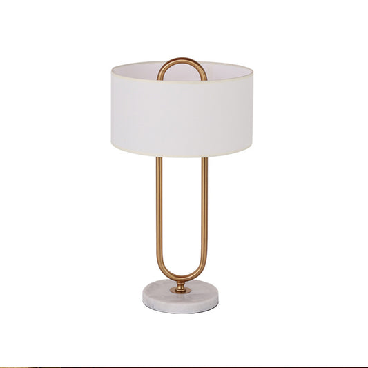 White Drum Night Table Light Minimalist 1 Bulb Fabric Nightstand Lamp with Brass Oval Stand Clearhalo 'Lamps' 'Table Lamps' Lighting' 1984551