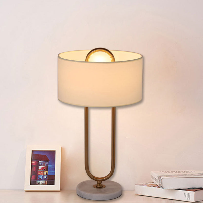 White Drum Night Table Light Minimalist 1 Bulb Fabric Nightstand Lamp with Brass Oval Stand Clearhalo 'Lamps' 'Table Lamps' Lighting' 1984552