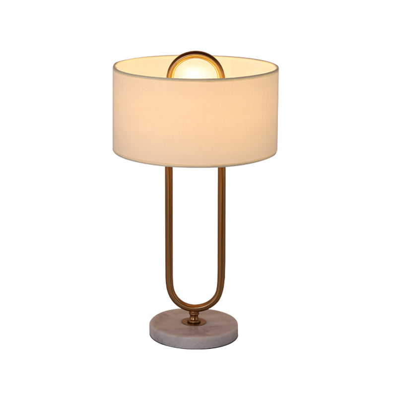 White Drum Night Table Light Minimalist 1 Bulb Fabric Nightstand Lamp with Brass Oval Stand Clearhalo 'Lamps' 'Table Lamps' Lighting' 1984553