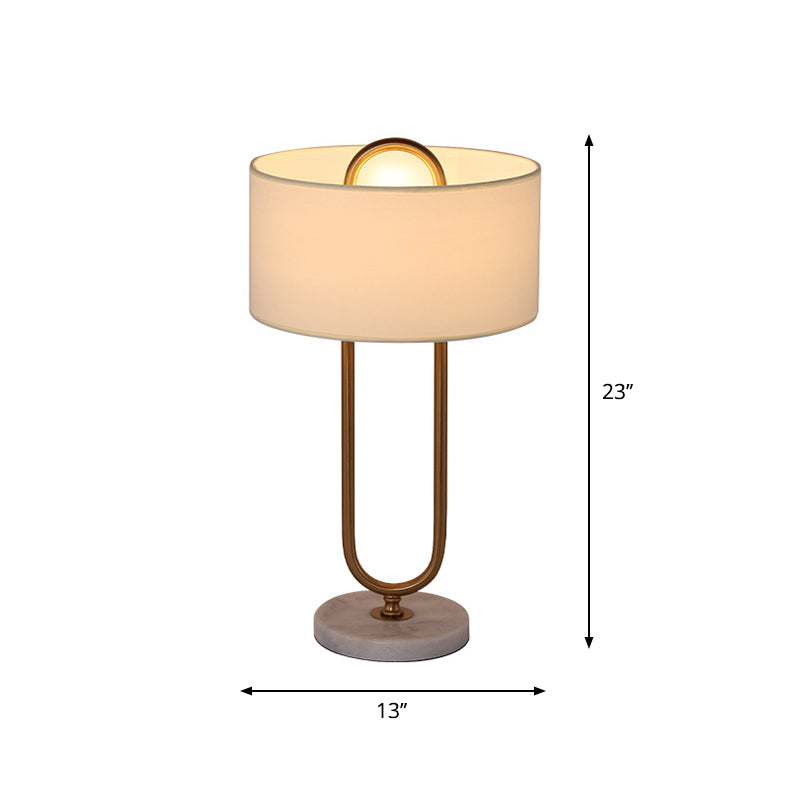 White Drum Night Table Light Minimalist 1 Bulb Fabric Nightstand Lamp with Brass Oval Stand Clearhalo 'Lamps' 'Table Lamps' Lighting' 1984554
