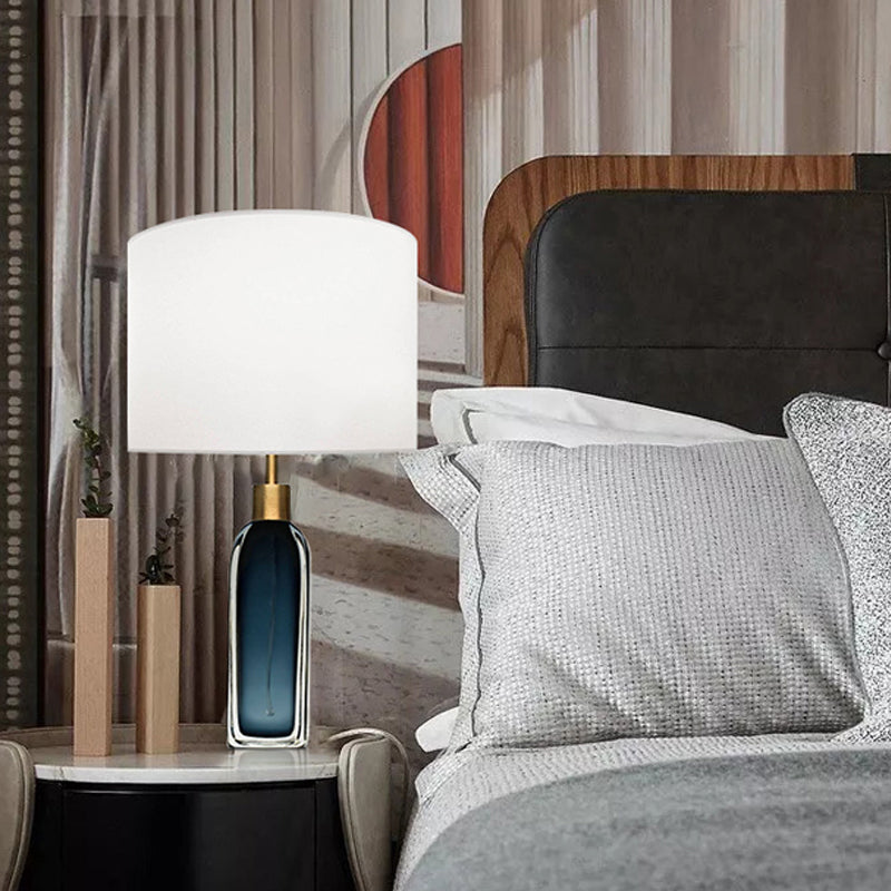 Blackish Blue/Clear Glass Pillar Table Lamp Postmodern 1 Head Nightstand Light with Cylinder Fabric Shade Black Clearhalo 'Lamps' 'Table Lamps' Lighting' 1984555