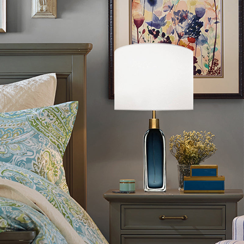 Blackish Blue/Clear Glass Pillar Table Lamp Postmodern 1 Head Nightstand Light with Cylinder Fabric Shade Clearhalo 'Lamps' 'Table Lamps' Lighting' 1984556