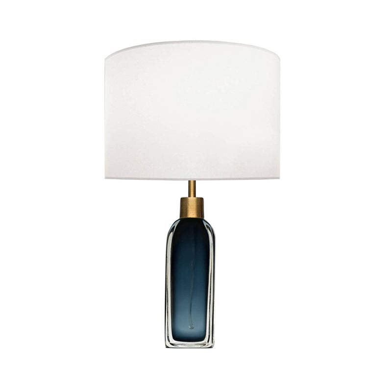 Blackish Blue/Clear Glass Pillar Table Lamp Postmodern 1 Head Nightstand Light with Cylinder Fabric Shade Clearhalo 'Lamps' 'Table Lamps' Lighting' 1984557