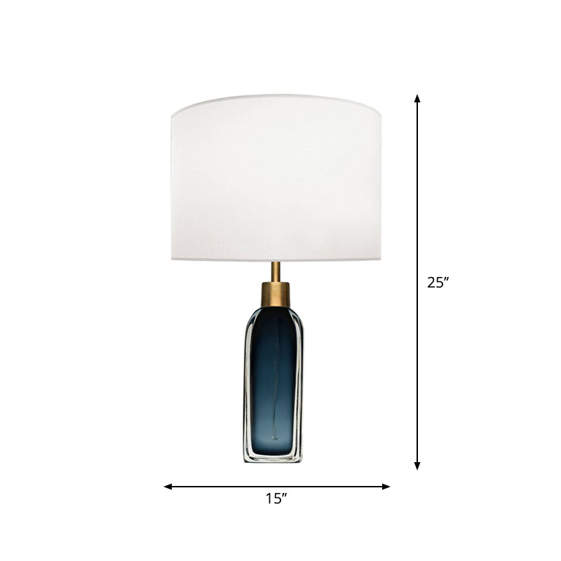 Blackish Blue/Clear Glass Pillar Table Lamp Postmodern 1 Head Nightstand Light with Cylinder Fabric Shade Clearhalo 'Lamps' 'Table Lamps' Lighting' 1984558