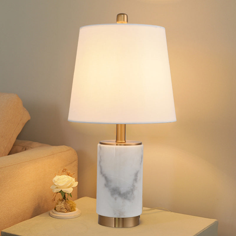 Nordic Empire Shade Table Lamp Fabric 1 Bulb Bedroom Night Light with Marble Column in Black/White/Grey White Clearhalo 'Lamps' 'Table Lamps' Lighting' 1984583