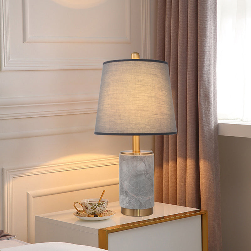 Nordic Empire Shade Table Lamp Fabric 1 Bulb Bedroom Night Light with Marble Column in Black/White/Grey Grey Clearhalo 'Lamps' 'Table Lamps' Lighting' 1984586