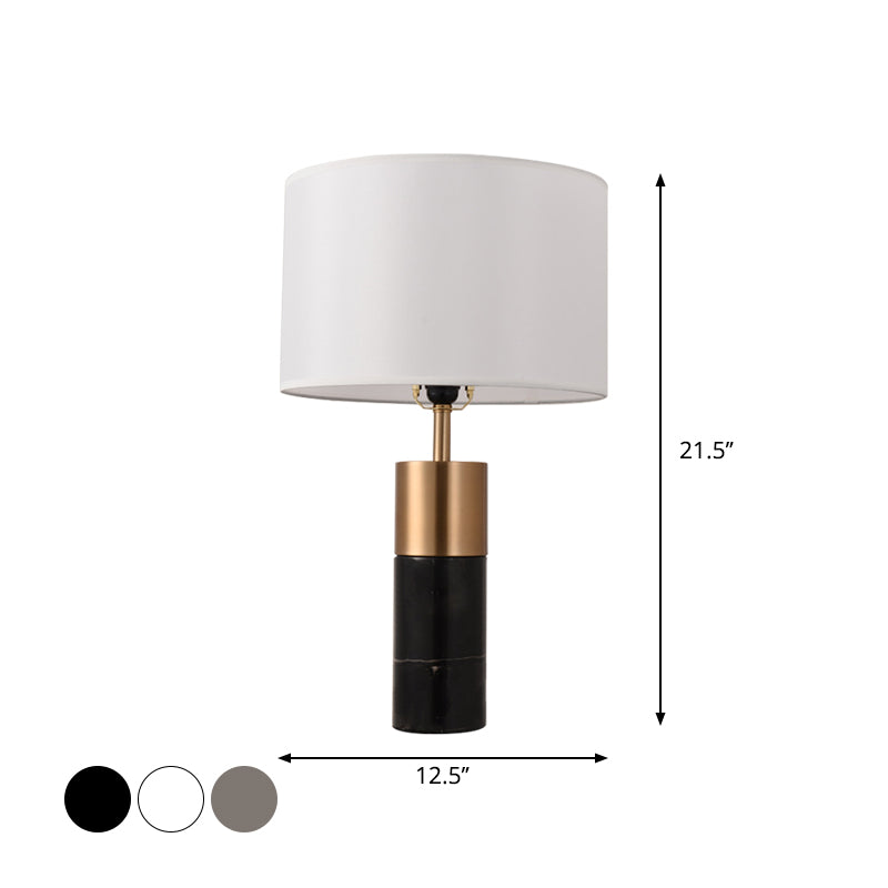 Drum Bedside Table Lighting Fabric 1 Head Postmodern Night Stand Lamp with Marble Pedestal in Black/White/Grey Clearhalo 'Lamps' 'Table Lamps' Lighting' 1984590
