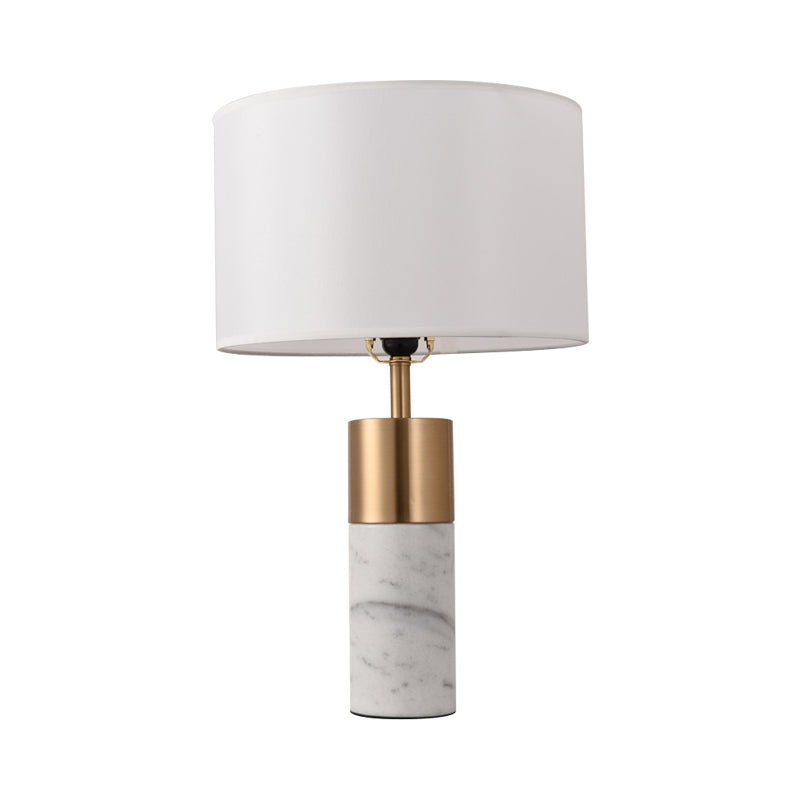 Drum Bedside Table Lighting Fabric 1 Head Postmodern Night Stand Lamp with Marble Pedestal in Black/White/Grey Clearhalo 'Lamps' 'Table Lamps' Lighting' 1984592