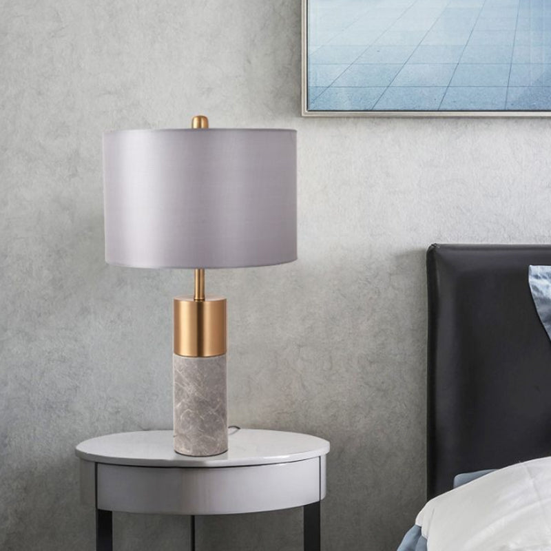 Drum Bedside Table Lighting Fabric 1 Head Postmodern Night Stand Lamp with Marble Pedestal in Black/White/Grey Grey Clearhalo 'Lamps' 'Table Lamps' Lighting' 1984593