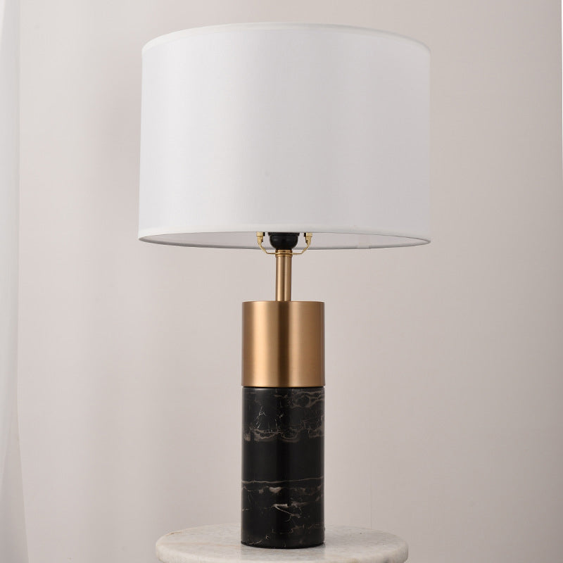 Drum Bedside Table Lighting Fabric 1 Head Postmodern Night Stand Lamp with Marble Pedestal in Black/White/Grey Clearhalo 'Lamps' 'Table Lamps' Lighting' 1984598