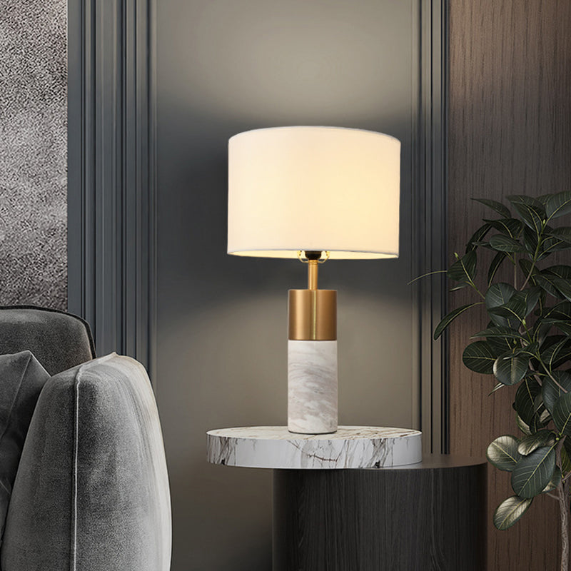 Drum Bedside Table Lighting Fabric 1 Head Postmodern Night Stand Lamp with Marble Pedestal in Black/White/Grey White Clearhalo 'Lamps' 'Table Lamps' Lighting' 1984601