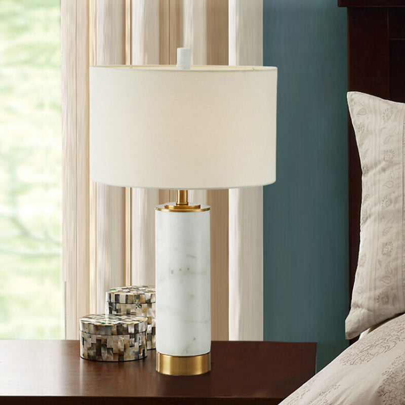 Drum Shade Nightstand Lamp Minimalist Fabric Single Bedroom Table Light with Marble Accent in White White Clearhalo 'Lamps' 'Table Lamps' Lighting' 1984604