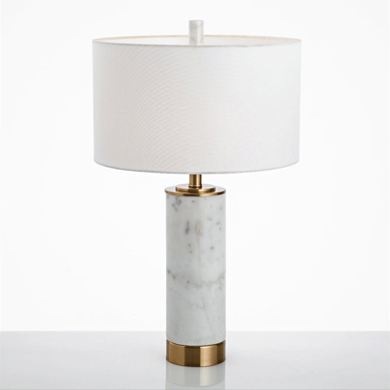 Drum Shade Nightstand Lamp Minimalist Fabric Single Bedroom Table Light with Marble Accent in White Clearhalo 'Lamps' 'Table Lamps' Lighting' 1984605