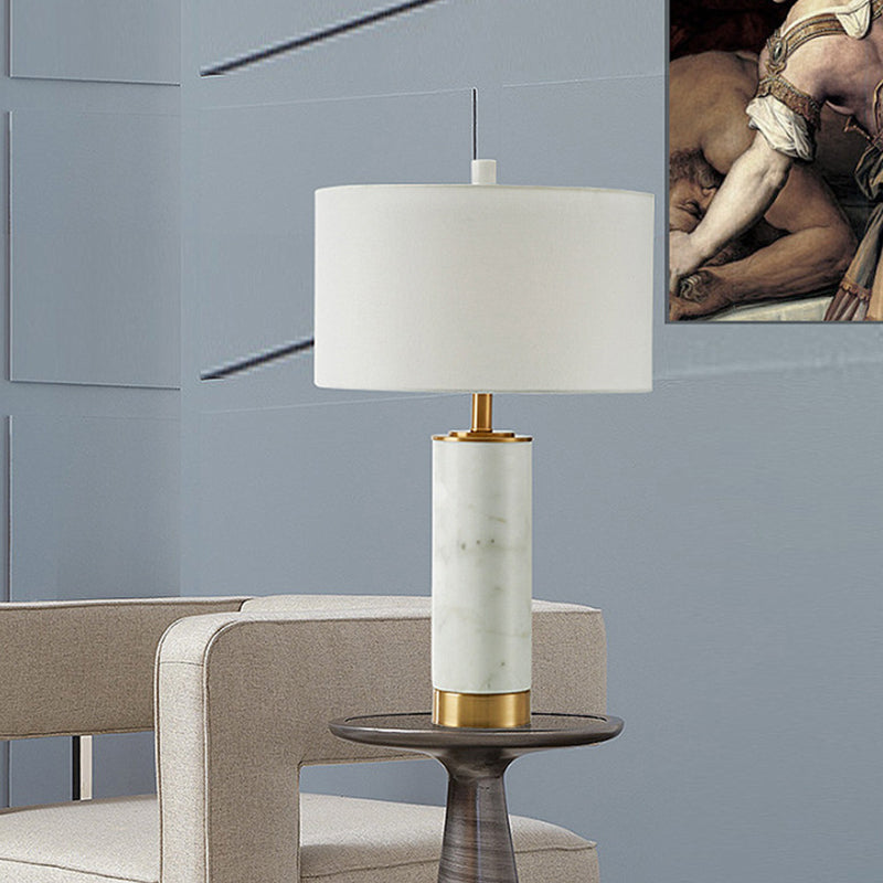 Drum Shade Nightstand Lamp Minimalist Fabric Single Bedroom Table Light with Marble Accent in White Clearhalo 'Lamps' 'Table Lamps' Lighting' 1984606