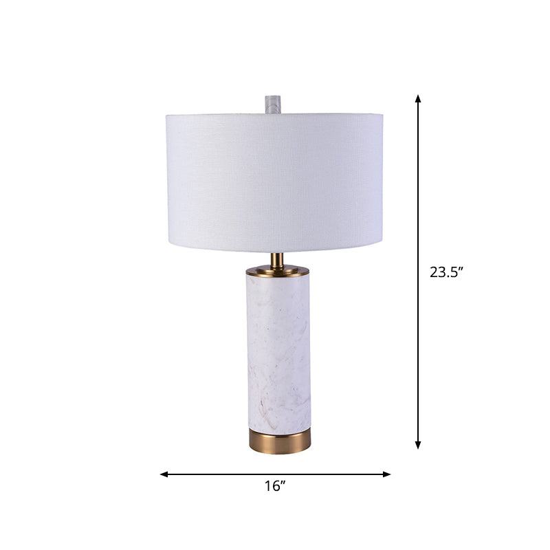 Drum Shade Nightstand Lamp Minimalist Fabric Single Bedroom Table Light with Marble Accent in White Clearhalo 'Lamps' 'Table Lamps' Lighting' 1984608