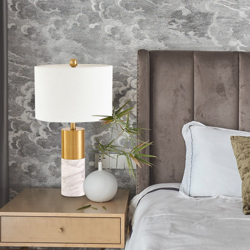 Straight-Side Shade Night Lamp Modern Fabric 1 Head Black/Grey/White Table Stand Light for Bedroom, 12.5"/15" W White Clearhalo 'Lamps' 'Table Lamps' Lighting' 1984615