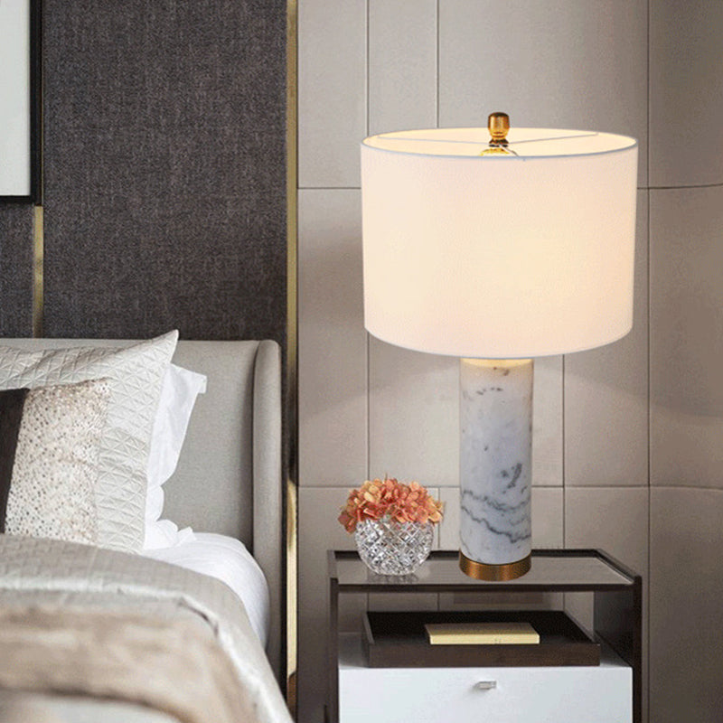 Cylinder Living Room Night Light Fabric 1 Light Minimalist Table Lamp with Marble Pillar in Black/White White Clearhalo 'Lamps' 'Table Lamps' Lighting' 1984623