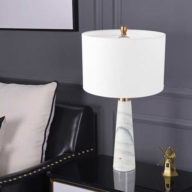 Fabric Cylinder Table Lamp Nordic Single-Bulb Nightstand Light with Conical Marble Base in Grey/White Clearhalo 'Lamps' 'Table Lamps' Lighting' 1984632
