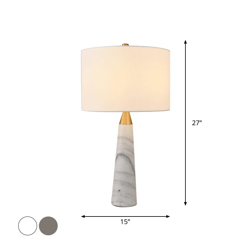 Fabric Cylinder Table Lamp Nordic Single-Bulb Nightstand Light with Conical Marble Base in Grey/White Clearhalo 'Lamps' 'Table Lamps' Lighting' 1984634