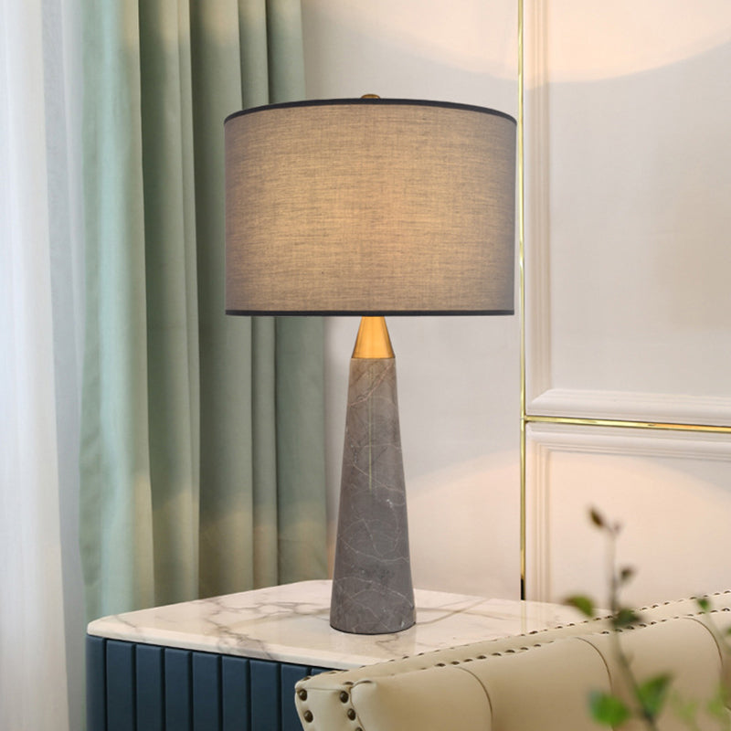 Fabric Cylinder Table Lamp Nordic Single-Bulb Nightstand Light with Conical Marble Base in Grey/White Grey Clearhalo 'Lamps' 'Table Lamps' Lighting' 1984635