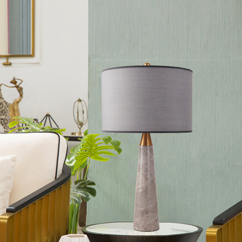Fabric Cylinder Table Lamp Nordic Single-Bulb Nightstand Light with Conical Marble Base in Grey/White Clearhalo 'Lamps' 'Table Lamps' Lighting' 1984636