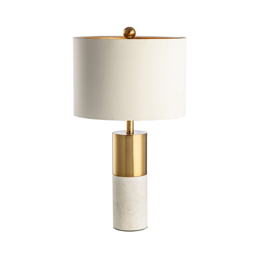 Cylindrical Table Light Minimalist Marble 1-Head Brass and Grey/White Night Lamp with Fabric Lampshade White Clearhalo 'Lamps' 'Table Lamps' Lighting' 1984639