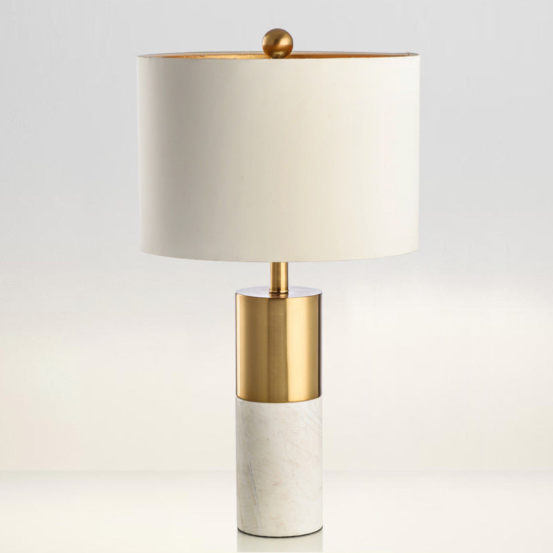 Cylindrical Table Light Minimalist Marble 1-Head Brass and Grey/White Night Lamp with Fabric Lampshade Clearhalo 'Lamps' 'Table Lamps' Lighting' 1984640
