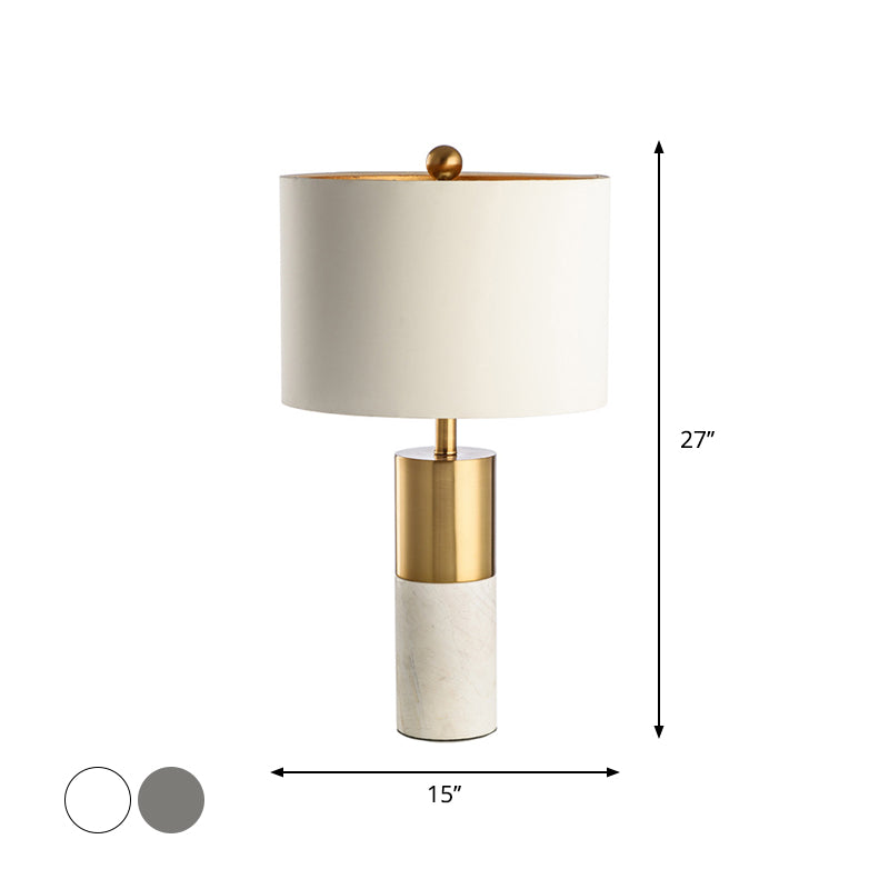 Cylindrical Table Light Minimalist Marble 1-Head Brass and Grey/White Night Lamp with Fabric Lampshade Clearhalo 'Lamps' 'Table Lamps' Lighting' 1984641