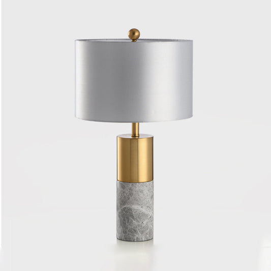 Cylindrical Table Light Minimalist Marble 1-Head Brass and Grey/White Night Lamp with Fabric Lampshade Clearhalo 'Lamps' 'Table Lamps' Lighting' 1984643