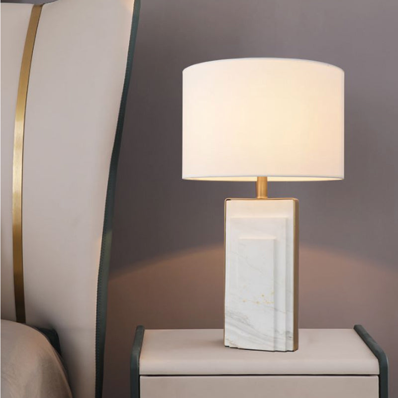 Minimalist Cylindrical Night Lamp Fabric Single Bedside Table Light with Marble Stand in Black/White/Ivory Ivory Clearhalo 'Lamps' 'Table Lamps' Lighting' 1984682