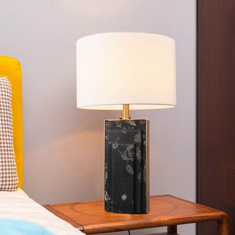 Minimalist Cylindrical Night Lamp Fabric Single Bedside Table Light with Marble Stand in Black/White/Ivory Black Clearhalo 'Lamps' 'Table Lamps' Lighting' 1984686