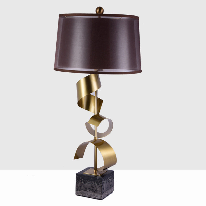 Fabric Drum Table Stand Lamp Modern 1 Head Brown Night Light with Gold Foil Decor Brown Clearhalo 'Lamps' 'Table Lamps' Lighting' 1984711