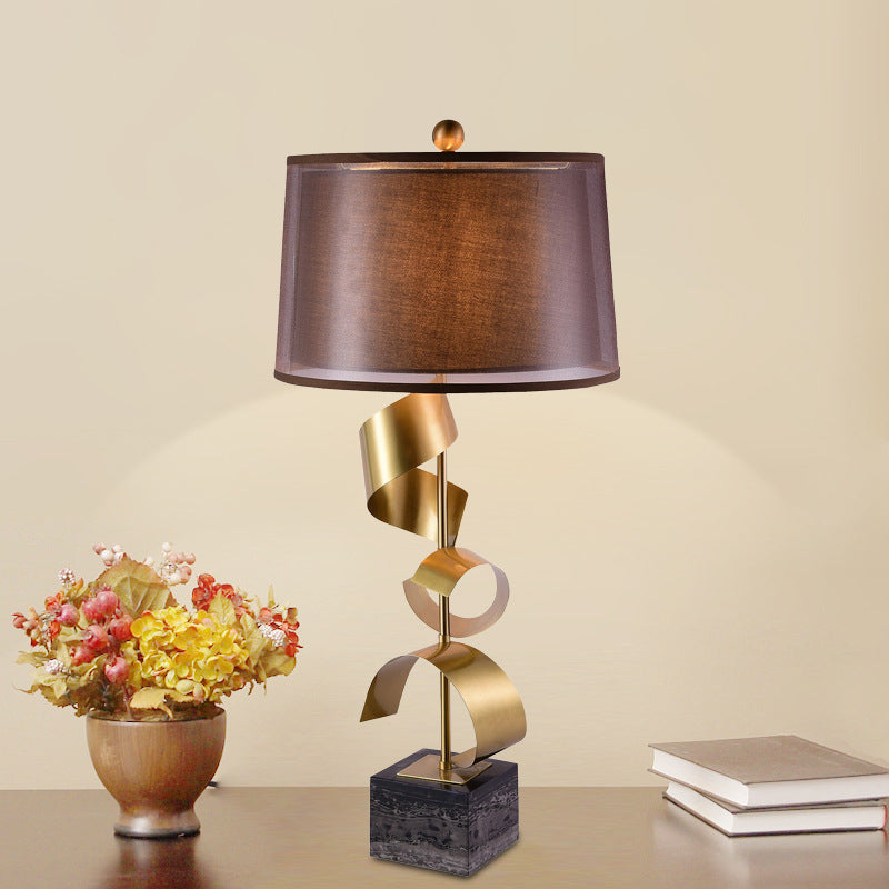 Fabric Drum Table Stand Lamp Modern 1 Head Brown Night Light with Gold Foil Decor Clearhalo 'Lamps' 'Table Lamps' Lighting' 1984712