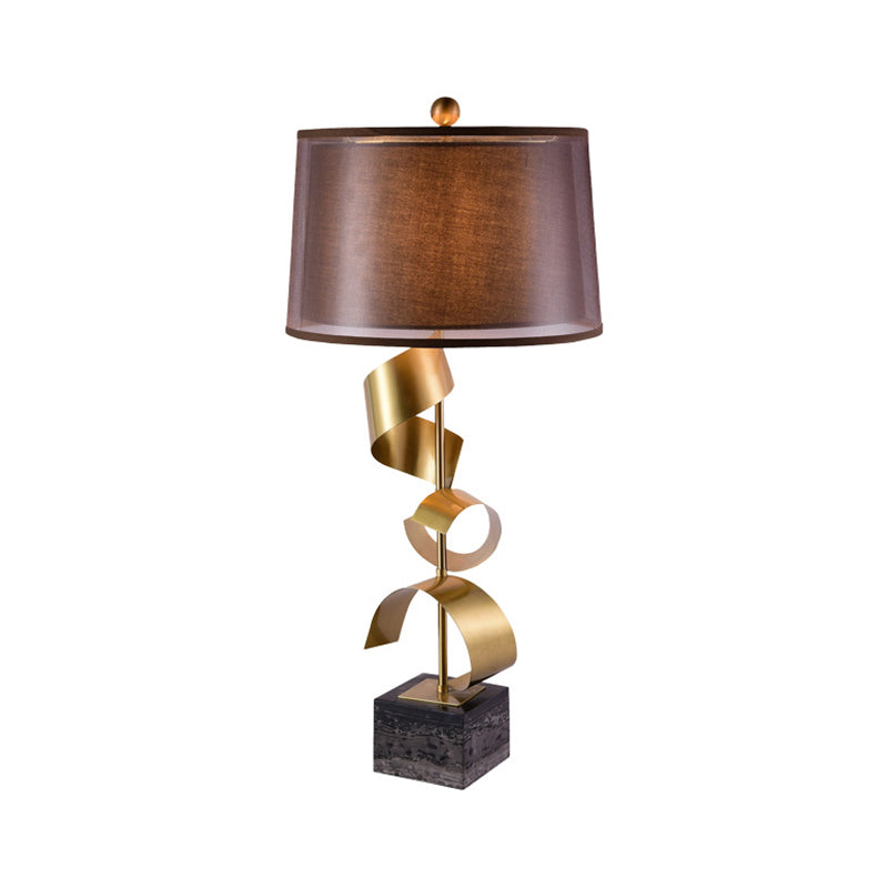 Fabric Drum Table Stand Lamp Modern 1 Head Brown Night Light with Gold Foil Decor Clearhalo 'Lamps' 'Table Lamps' Lighting' 1984714