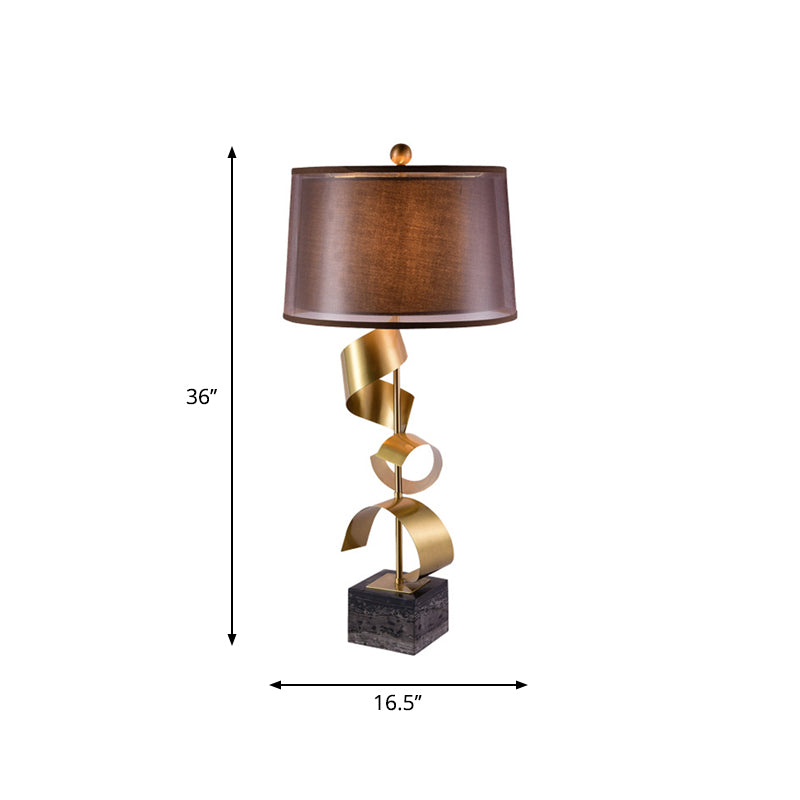 Fabric Drum Table Stand Lamp Modern 1 Head Brown Night Light with Gold Foil Decor Clearhalo 'Lamps' 'Table Lamps' Lighting' 1984715