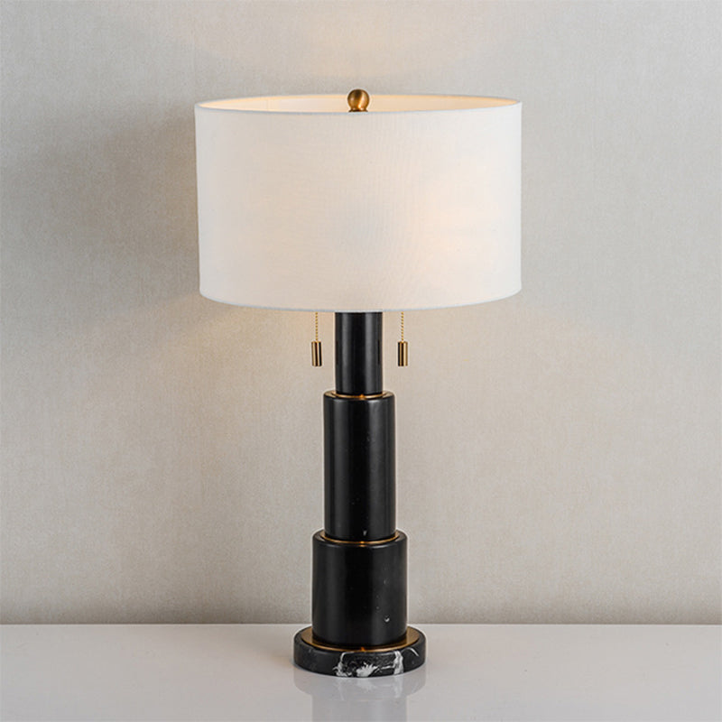 3-Tier Column Marble Night Lamp Minimalist 1 Bulb Black/White Pull-Chain Table Light with Drum Fabric Shade Clearhalo 'Lamps' 'Table Lamps' Lighting' 1984718