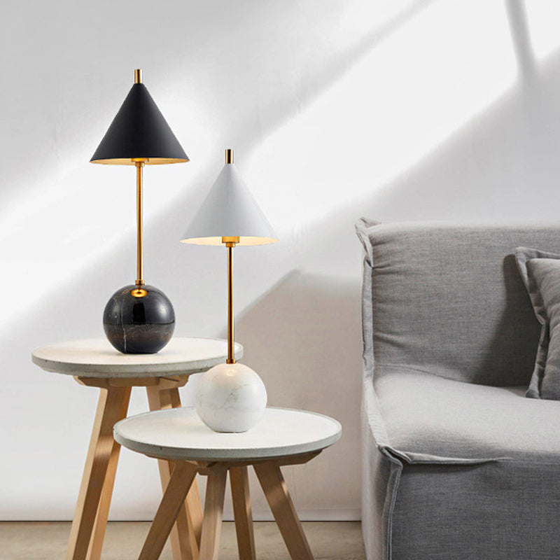 Globe Nightstand Light Nordic Marble 1-Light Black/White and Brass Table Lamp with Cone Shade Clearhalo 'Lamps' 'Table Lamps' Lighting' 1984728
