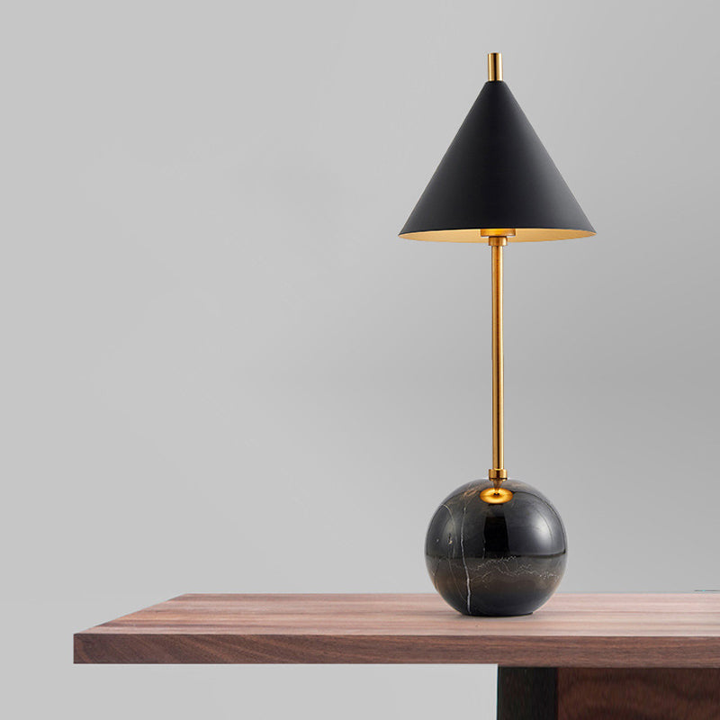 Globe Nightstand Light Nordic Marble 1-Light Black/White and Brass Table Lamp with Cone Shade Clearhalo 'Lamps' 'Table Lamps' Lighting' 1984730